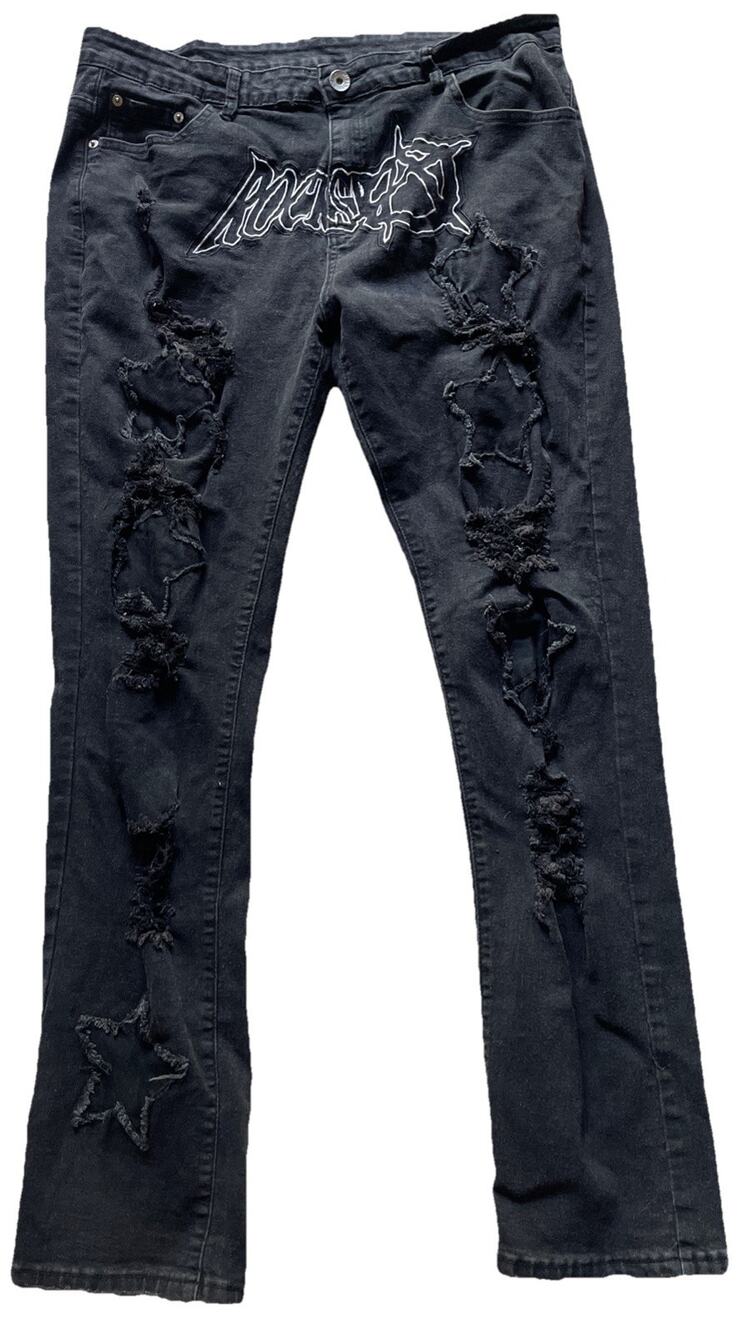 Jeanswear Rockstar Distressed Jeans Star Patches 40 Stretch Grunge Black